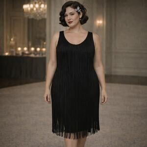Black Fringe Flapper Dress NWT | Ashley Stewart 20 | Gatsby Party Formal